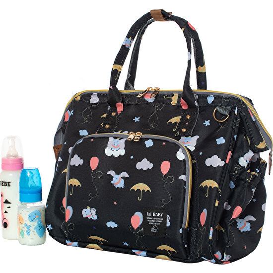Lal Baby Baggage Bag Fil Desenli Siyah Omuz Askılı Anne Bebek Bakım Çantası