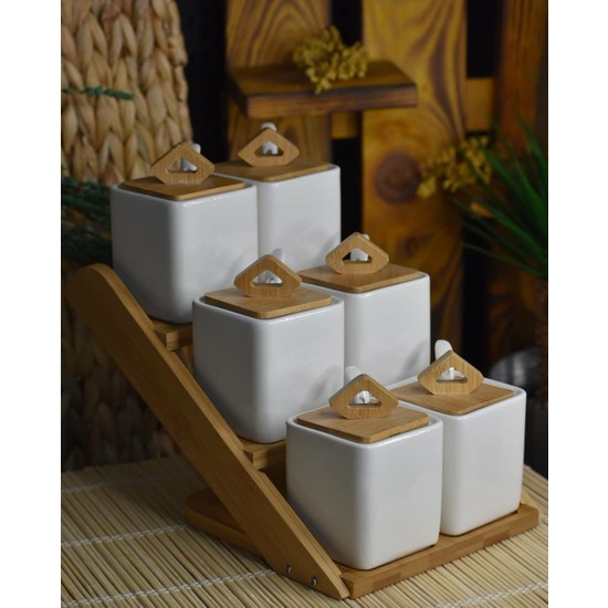 Yzhome Acar 7 Parça Bambu Stantlı Beyaz Porselen Baharatlık Baharat Seti Kavanoz