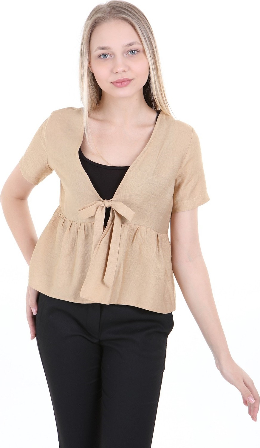 Disentis Modest Önden Bağlamalı Yarım Kollu Ekru Bolero görsel 6