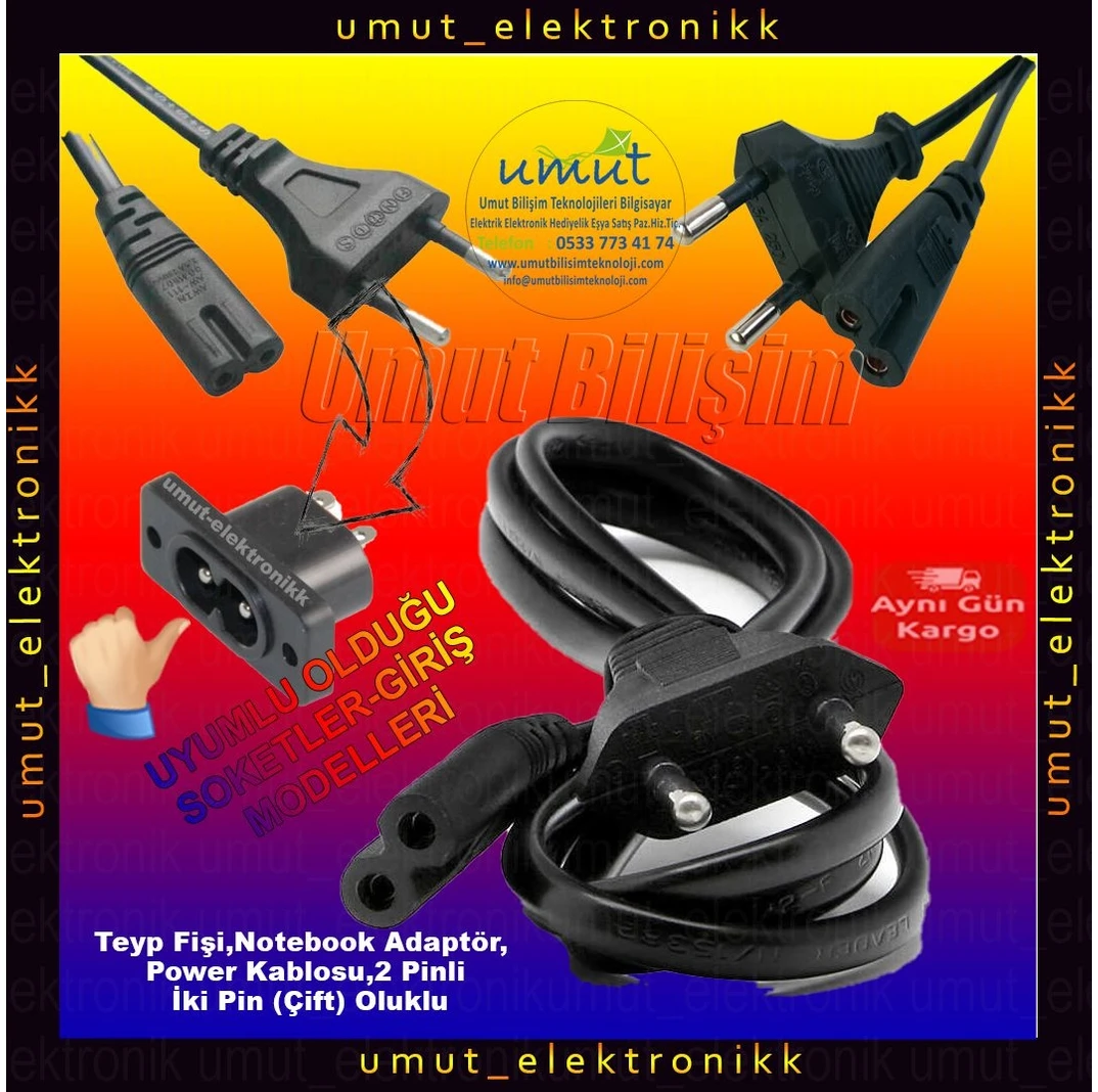 Resim Moonkip Işıldak Radyo Teyp Elektrik Kablosu Güç Kablosu Notebook Laptop Adaptör 2 Oluklu Çift Girişli 220V 