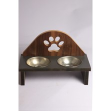 Mini Hediye Mama Kabı Pati Desenli Ahşap Çelik Kaseli Kedi Köpek Mama ve Su Kabı