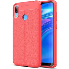 Kzy Huawei Y7 Prime 2019 Kılıf Darbe Korumalı Deri Görünümlü Silikon Arka Kapak - Kırmızı