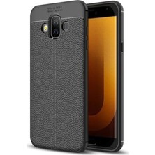Kzy Samsung Galaxy J7 Duo Kılıf Darbe Korumalı Deri Görünümlü Silikon Arka Kapak - Siyah