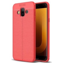 Kzy Samsung Galaxy J7 Duo Kılıf Darbe Korumalı Deri Görünümlü Silikon Arka Kapak - Kırmızı