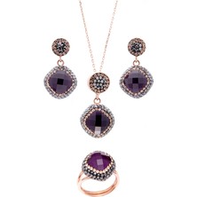 Hiç Gümüş Otantik Mor Zirkon Taşlı 925 Ayar Gümüş Rose  Ayarlanabilir Yüzüklü Takım