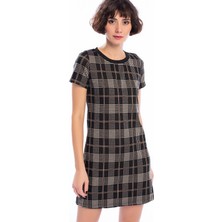 Cotton Mood 8402773 Jakarlı Ekose Desenli Sırtı Fermuarlı Elbise Siyah-Bej Ekose