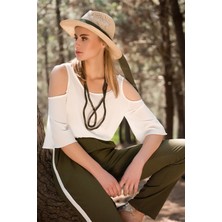 Cotton Mood 7232260 Kobe Omuzu Açık Beli Lastikli Kısa Kol Bluz Ekru