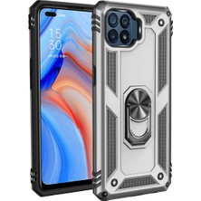 Case 4u Oppo Reno 4 Lite Kılıf Çift Katmanlı Yüzüklü Manyetik Vega Kapak Gümüş