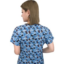 Nur Ortopedi Buz Mavisi Kelebekler Desenli Cerrahi Doktor Hemşire Tek Üst Forma