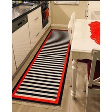 STY Home Cizgi Çerceve Kaymaztabanlı Yıkanabilir Halı Kilim Yolluk Dijital Baskı Siyah Krmızı
