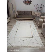 STY Home Platin Kare Kaymaztabanlı Yıkanabilir Halı Kilim Yolluk Dijital Baskı Beyaz Kahve