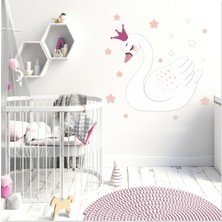 Sticker Sepetim Beyaz Kuğu ve Pembe Yıldızlar Çocuk Odası Duvar Sticker