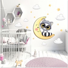 Sticker Sepetim Sevimli Rakun ve Ay Yıldızlar ve Bulutlar Çocuk Odası Duvar Sticker