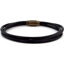 Solfera Siyah  Deri 3 Sıra Bronz Klipsli Erkek Bileklik M004D