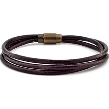 Solfera Kahverengi  Deri 3 Sıra Bronz Klips Erkek Bileklik M004H