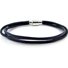 Solfera Lacivert  Deri 3 Sıra Metal Klips Erkek Bileklik M004P