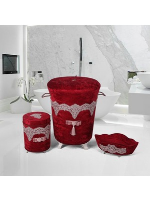 Bonny Home Luxury Bordo Kadife Çeyizlik Dantelli Banyo Kirli Çamaşır Sepeti Seti