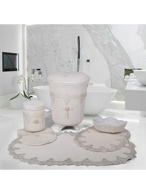 Bonny Home Luxury Krem Dantelli Banyo Kirli Çamaşır Sepeti Seti + Banyo Paspası Seti