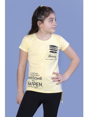 Toontoy  Kız Çocuk T-Shirt Gçğsü Lazer Kesim Taşlı Sarı 10 Yaş K-128