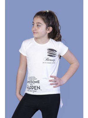 Toontoy  Kız Çocuk T-Shirt Gçğsü Lazer Kesim Taşlı Ekru 10 Yaş K-128