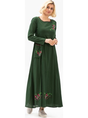 Eliş Şile Bezi Uzun Kol Şile Bezi Burçak Elbise Yeşil