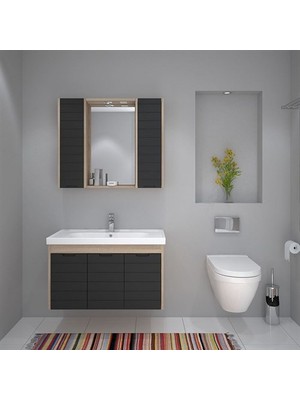 Denko Mostar 90 cm Mdf Siyah Lake Banyo Dolabı Takımı