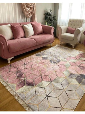 STY Home Küp Kaymaztabanlı Yıkanabilir Halı Kilim Yolluk Dijital Baskı Pembe