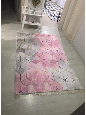 STY Home Küp Kaymaztabanlı Yıkanabilir Halı Kilim Yolluk Dijital Baskı Pembe