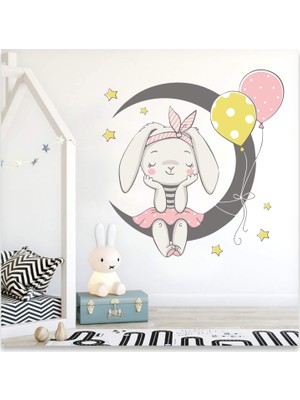 Sticker Sepetim Ay, Sevimli Tavşan ve Yıldızlar Çocuk Odası Duvar Sticker