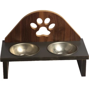 Mini Hediye Mama Kabı Pati Desenli Ahşap Çelik Kaseli Kedi Köpek Mama ve Su Kabı