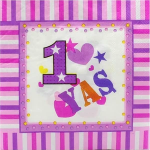 Süsle Bebek ve Parti 1 Yaş Doğum Günü Peçete, Pembe - 33 x 33 cm - 20 Adet