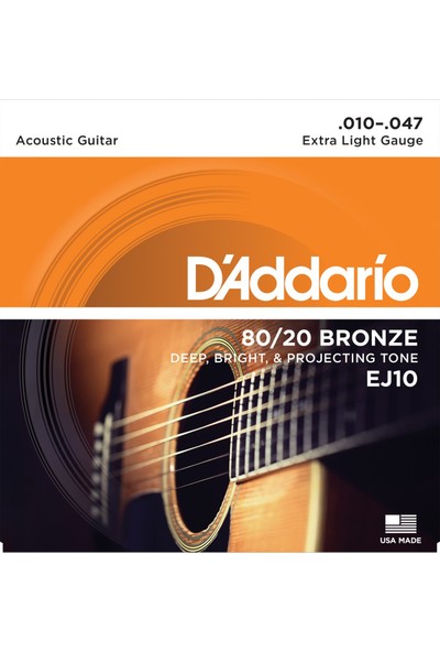 D'addario EJ10 80/20 Bronze Acoustic Guitar Strings, Extra Light Takım Tel Akustik Gitar Teli 010-047