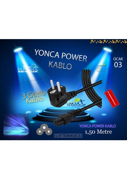 1.5mt 1,5 Metre Laptop Notebook Yonca Power Güç Elektrik Ceryan Cereyan Kablosu 220 Volt Priz