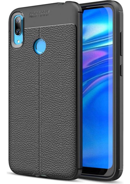 Huawei Y7 Prime 2019 Kılıf Darbe Korumalı Deri Görünümlü Silikon Arka Kapak - Siyah