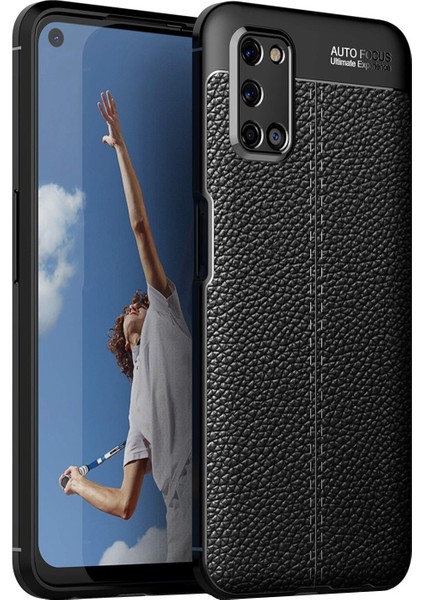 Oppo A52 Kılıf Darbe Korumalı Deri Görünümlü Silikon Arka Kapak - Siyah