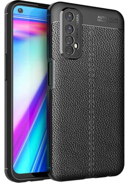 Realme 7 Kılıf Darbe Korumalı Deri Görünümlü Silikon Arka Kapak - Siyah
