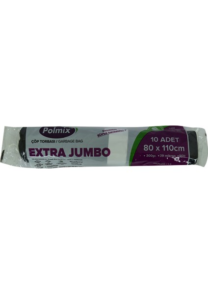 Çöp Torbası Extra Jumbo Boy 80X110CM 300GR 39MIKRON 90LT Siyah Rulo 10 Lu