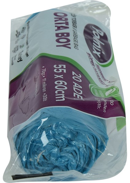 Çöp Torbası Orta Boy 55X60CM 70GR 11MIKRON 30LT Mavi Rulo 20 Lu