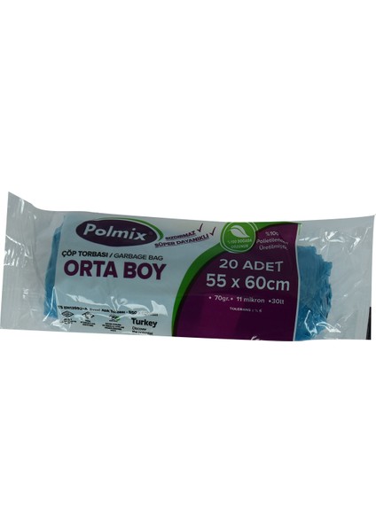 Çöp Torbası Orta Boy 55X60CM 70GR 11MIKRON 30LT Mavi Rulo 20 Lu