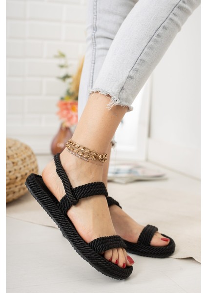 Siyah Halat Ipli Hasır Kadın Sandalet K596012104 fiyatları