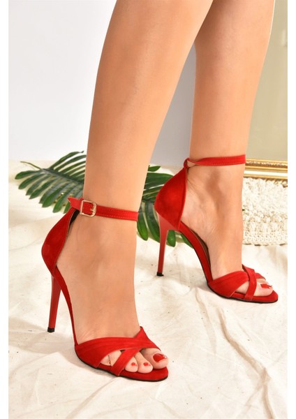 Fox Kadın Kırmızı Süet Topuklu Ayakkabı 10 cm Yüksek Tabanlı