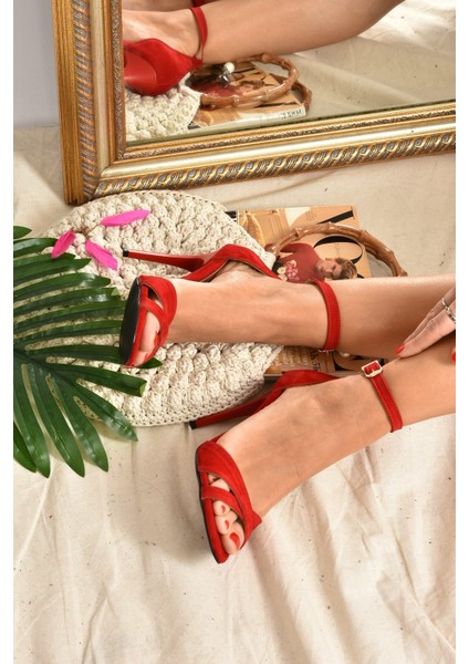 Fox Kadın Kırmızı Süet Topuklu Ayakkabı 10 cm Yüksek Tabanlı modelleri