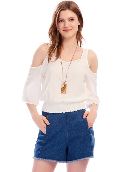 8262260 Kobe Omuzu Açık Beli Lastikli Kısa Kol Bluz Ekru