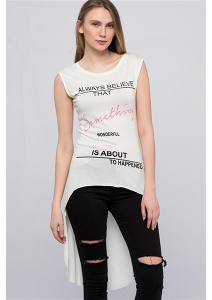 8111101 Something Yazı Baskılı Arka Eteği Uzun Kolsuz Tunik Ekru