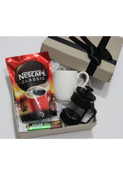 Nescafe 200 gr & French Press & Beyaz Kupa Bardak & Çikolata Hediye Seti