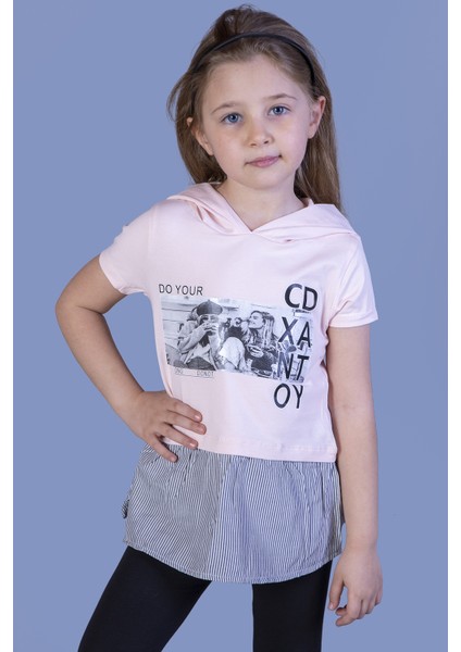 Kız Çocuk Eteği ve Kapüşonu Garnili T-Shirt