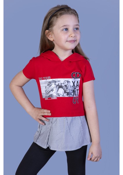 Kız Çocuk Eteği ve Kapüşonu Garnili T-Shirt