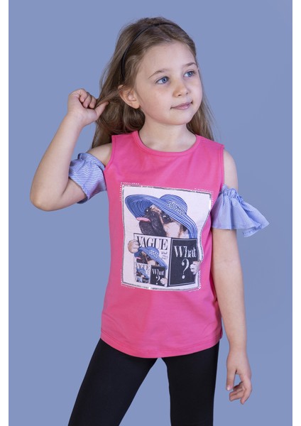 Kız Çocuk Şapkası Garnili Köpek Baskılı T-Shirt