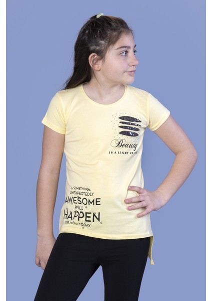 Kız Çocuk T-Shirt Gçğsü Lazer Kesim Taşlı Sarı 10 Yaş K-128