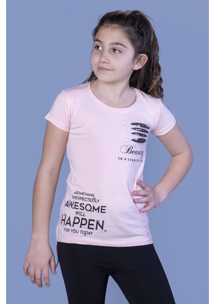 Kız Çocuk T-Shirt Gçğsü Lazer Kesim Taşlı Pudra 8 Yaş K-128